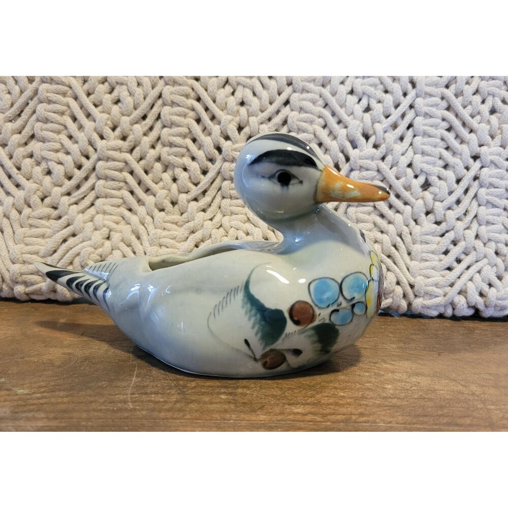 Vintage Noé Suro Tonala Duck Planter Mexico Folk Art Hand Painted Pottery 1970s
